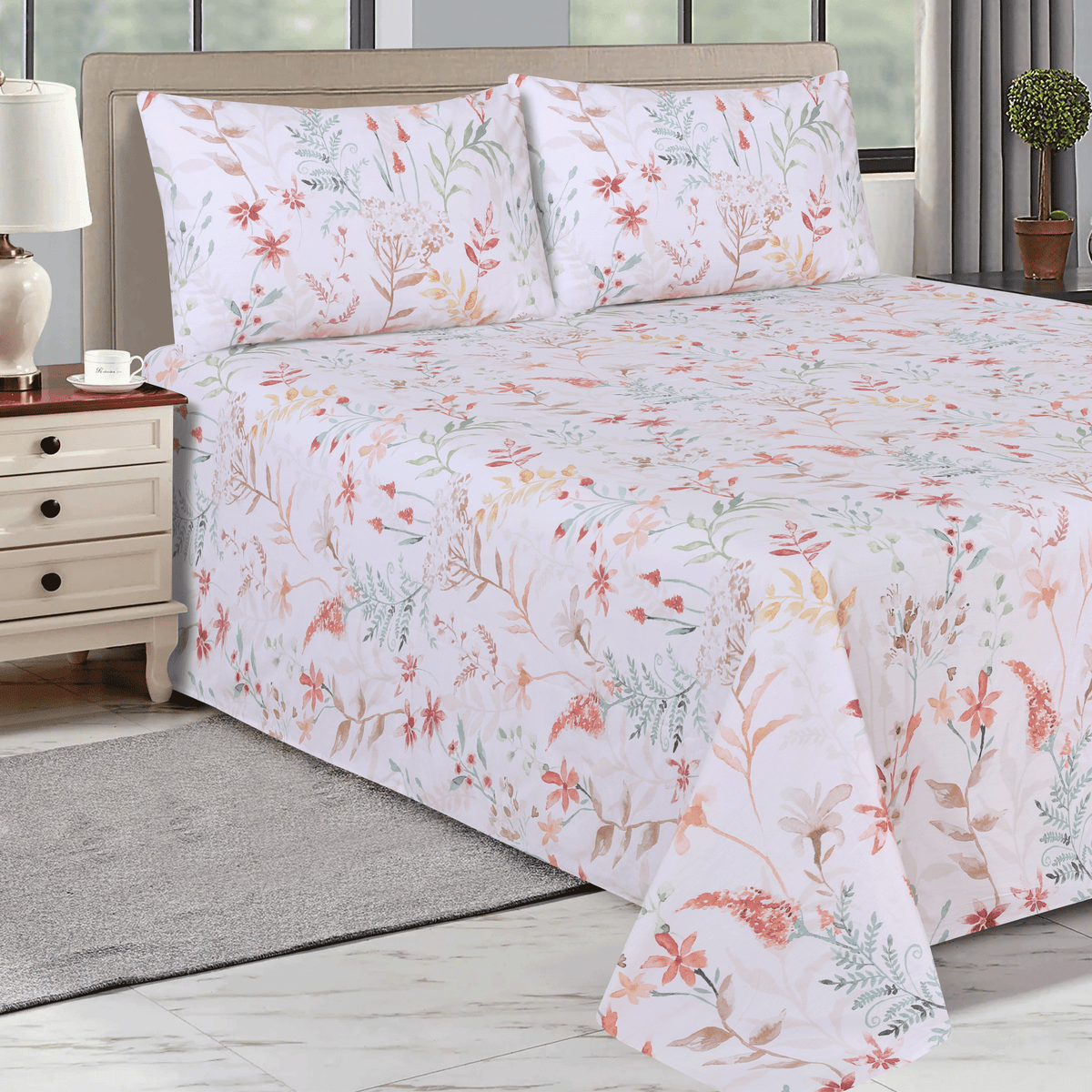 Whispering Blooms Cotton Percale King Bedsheet Set