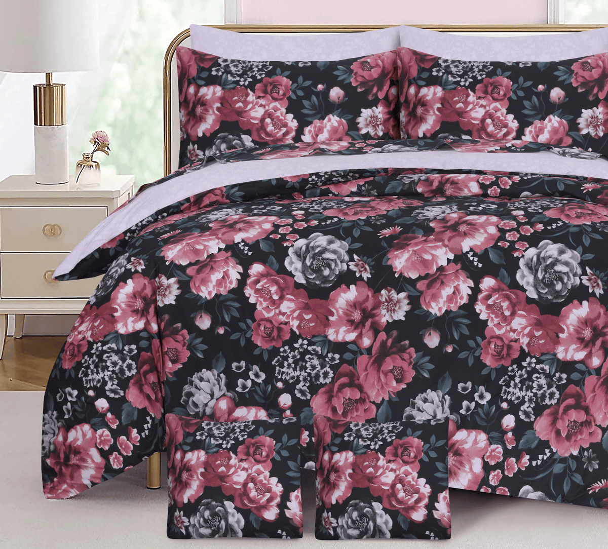 Midnight Rose Garden Cotton Percale King Duvet Cover & Comforter Set