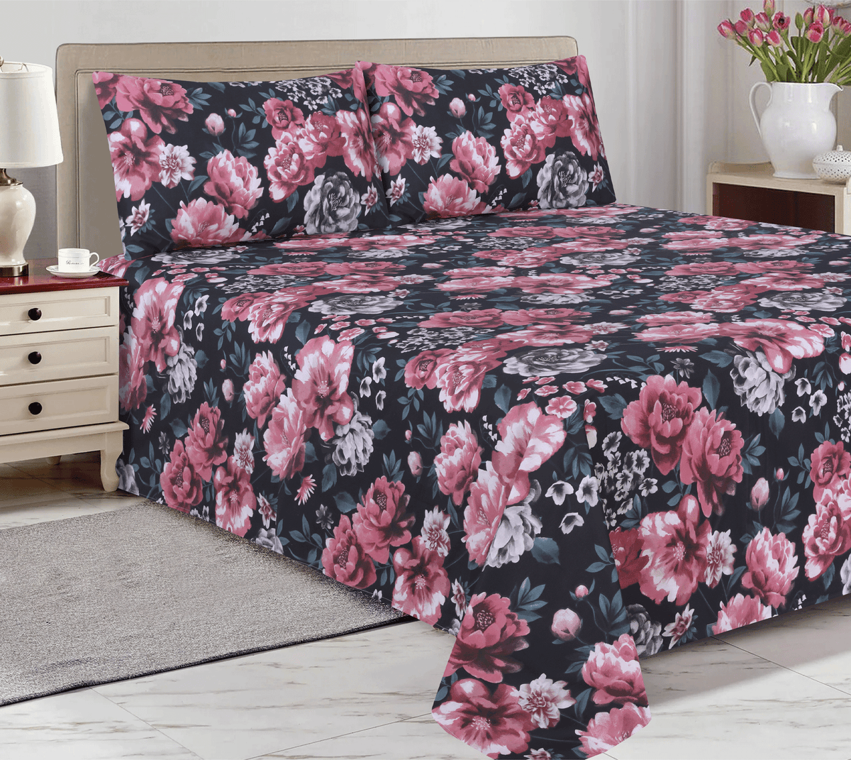 Midnight Rose Garden Cotton Percale Single Bedsheet Set