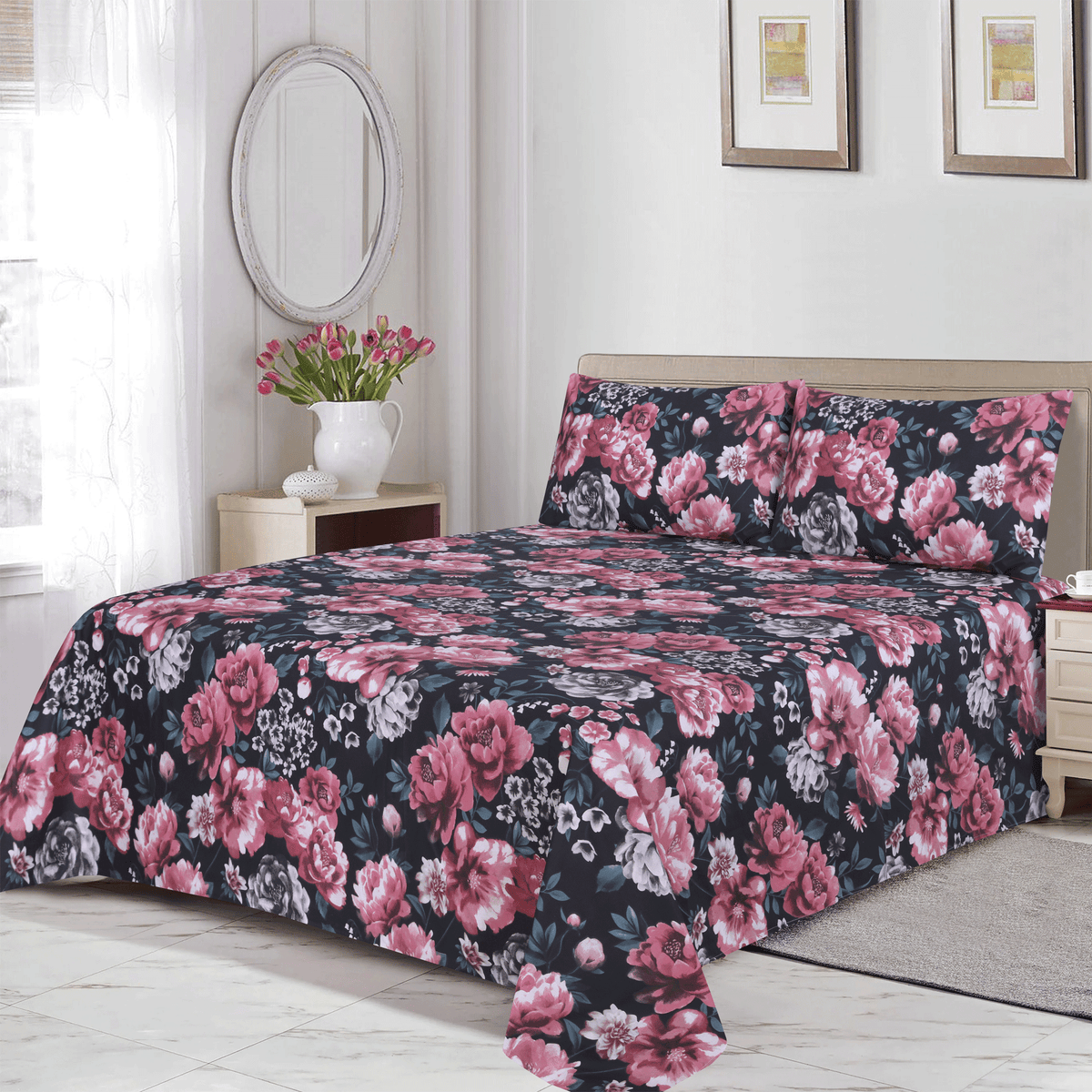 Midnight Rose Garden Cotton Percale Single Bedsheet Set