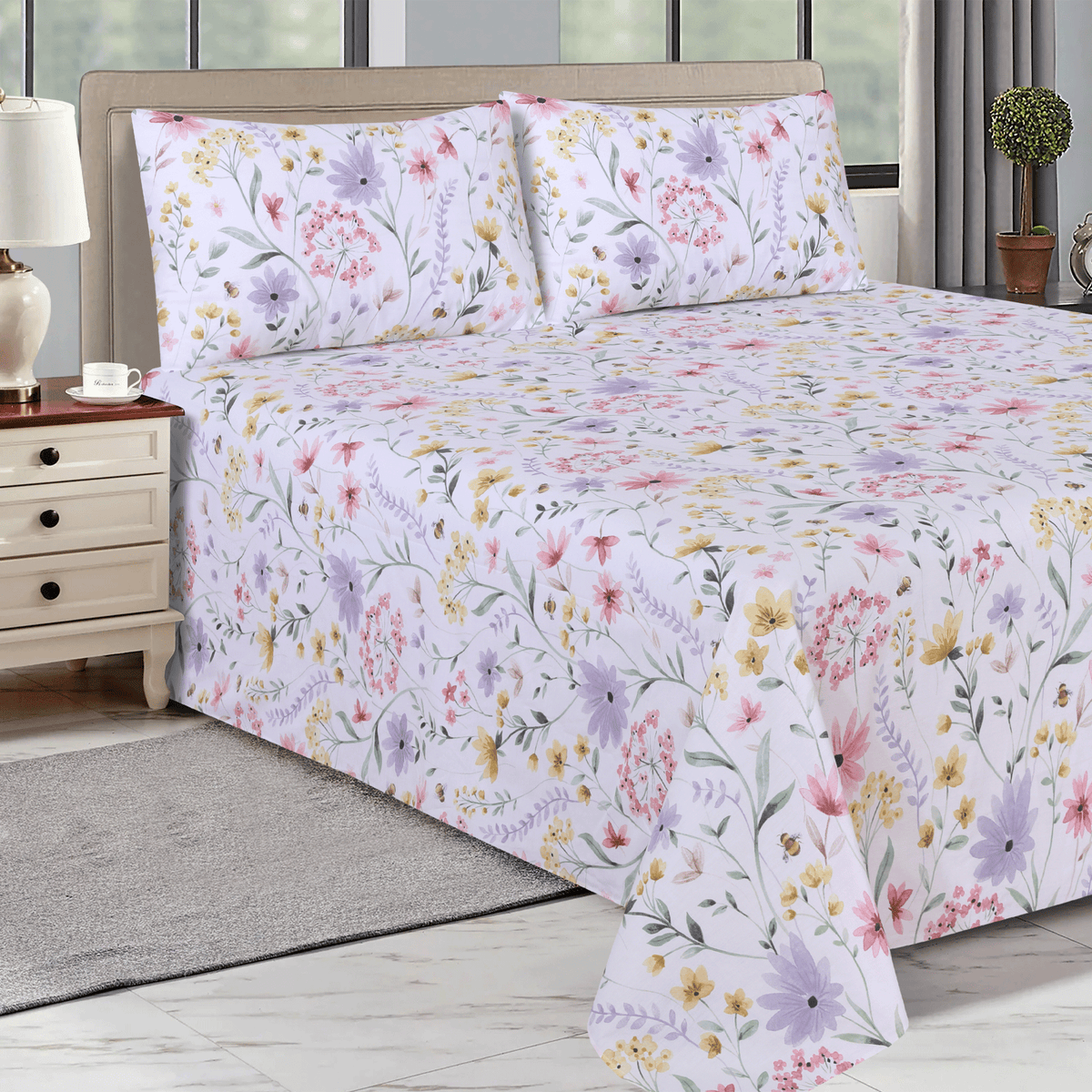 Floral Serenity Sateen King Bedsheet Set