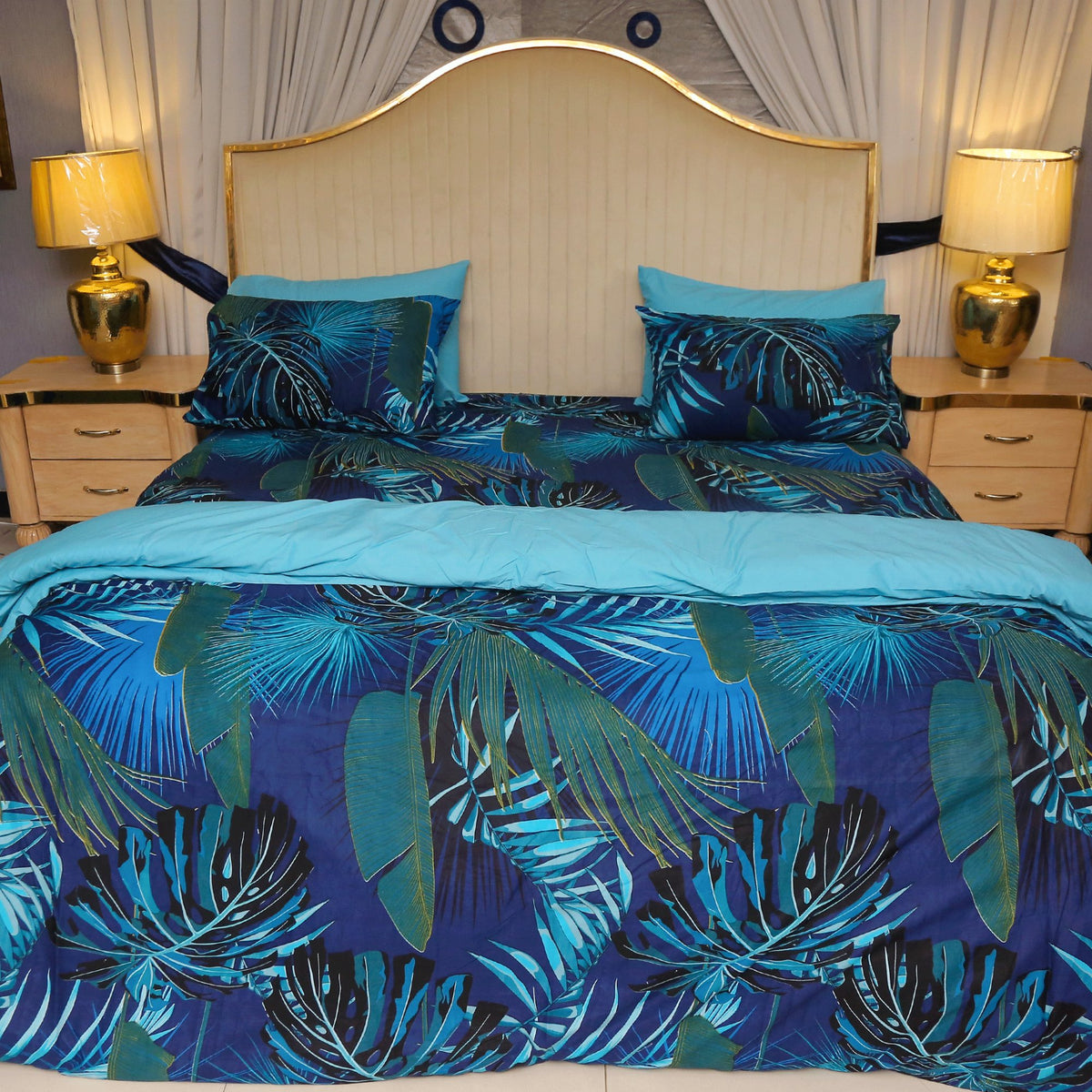 Blue Palm Cotton Sateen Single Bedsheet Set